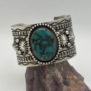 Native American Navajo Rick Enriquez Sterling Silver Turquoise Cuff Bracelet
